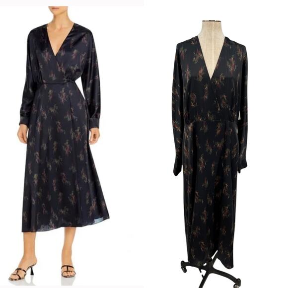 Vince Wisteria Wrap Dress Midi Satin Long Sleeve Black Size XL *Damaged - Picture 1 of 16